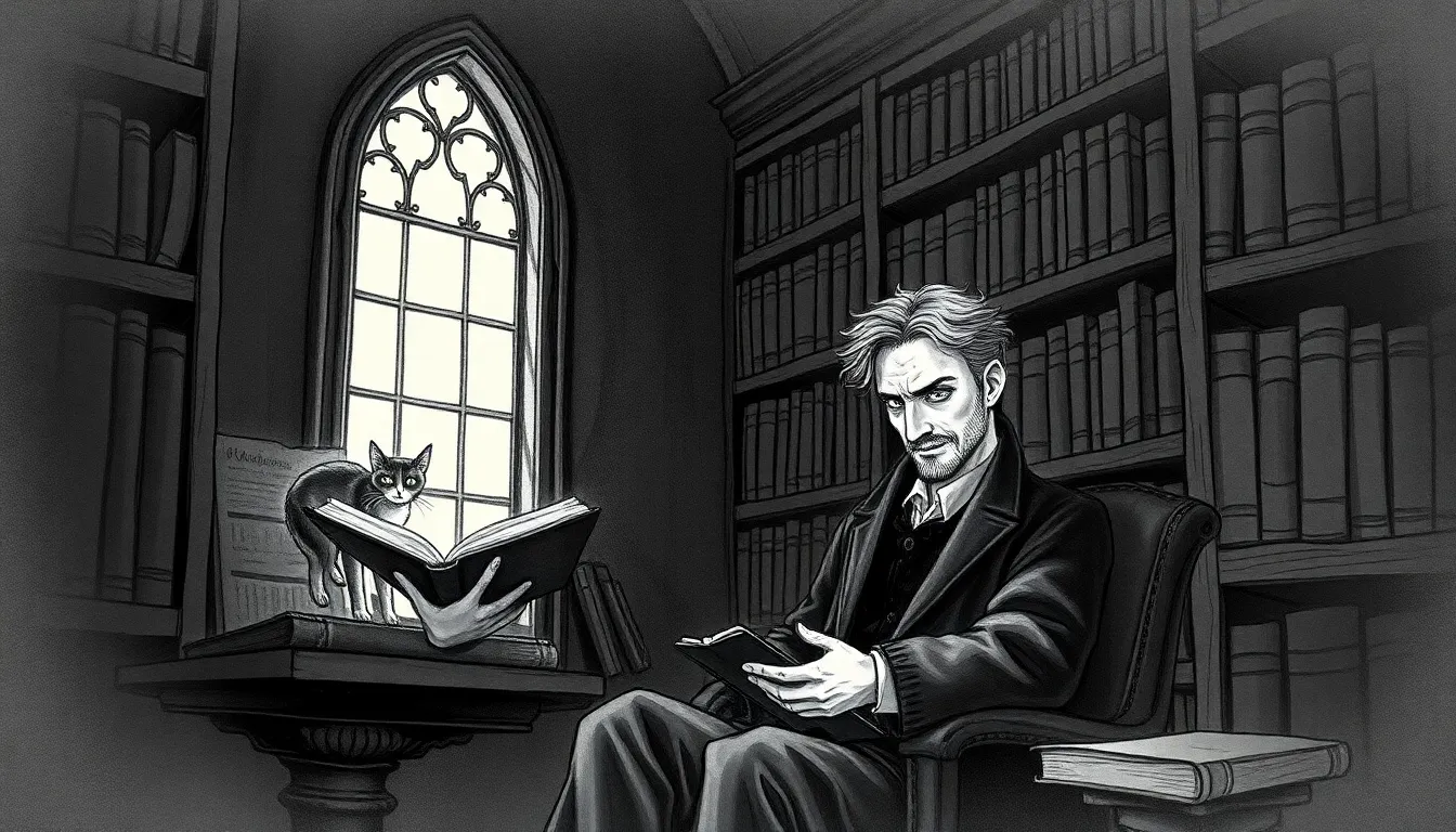 Illustration d'un homme lisant un carnet ancien dans une bibliothèque baignée d'un rayon de lumière dorée