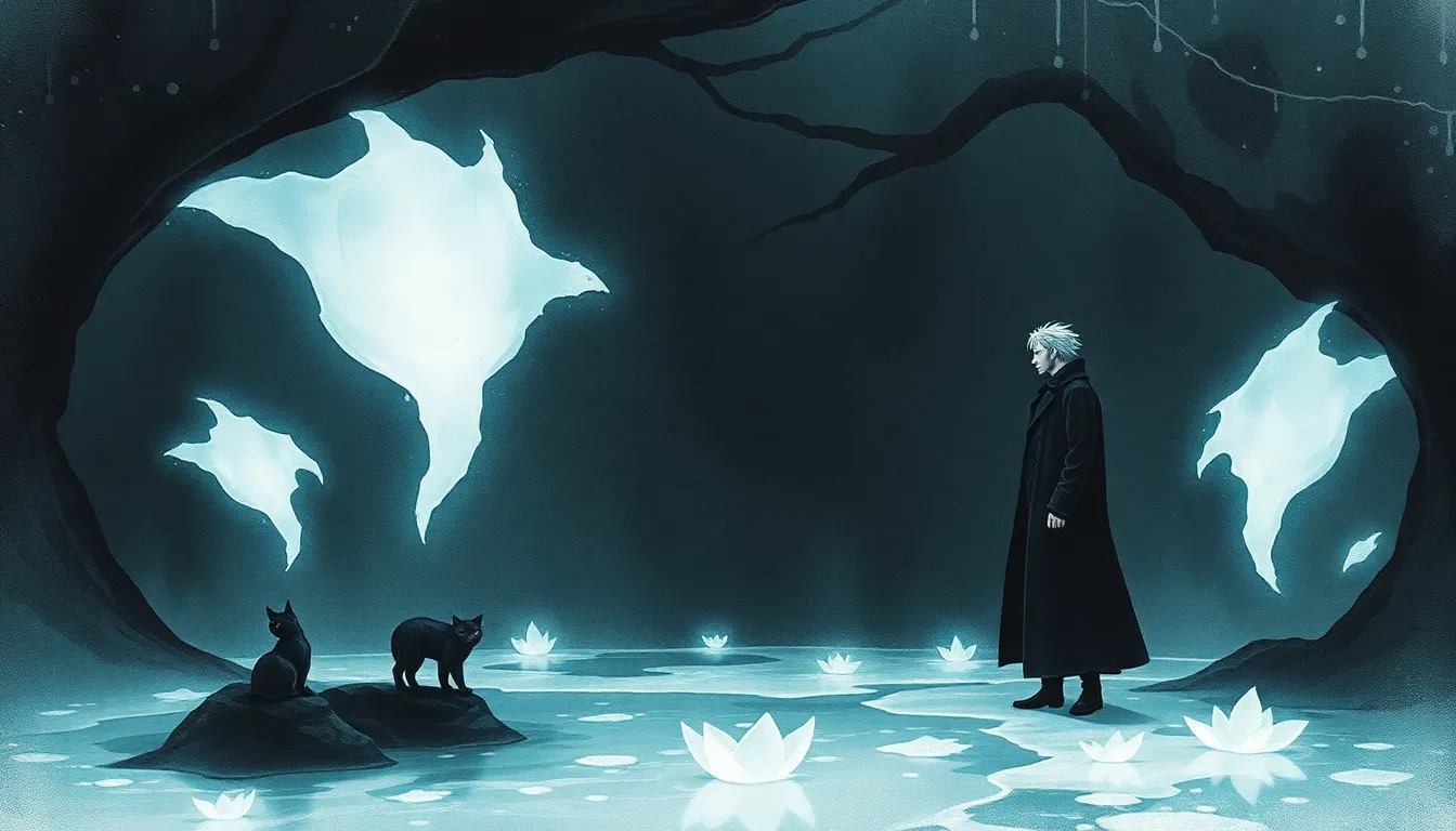 Illustration d'une scène souterraine avec formes lumineuses au-dessus d'un lac gelé