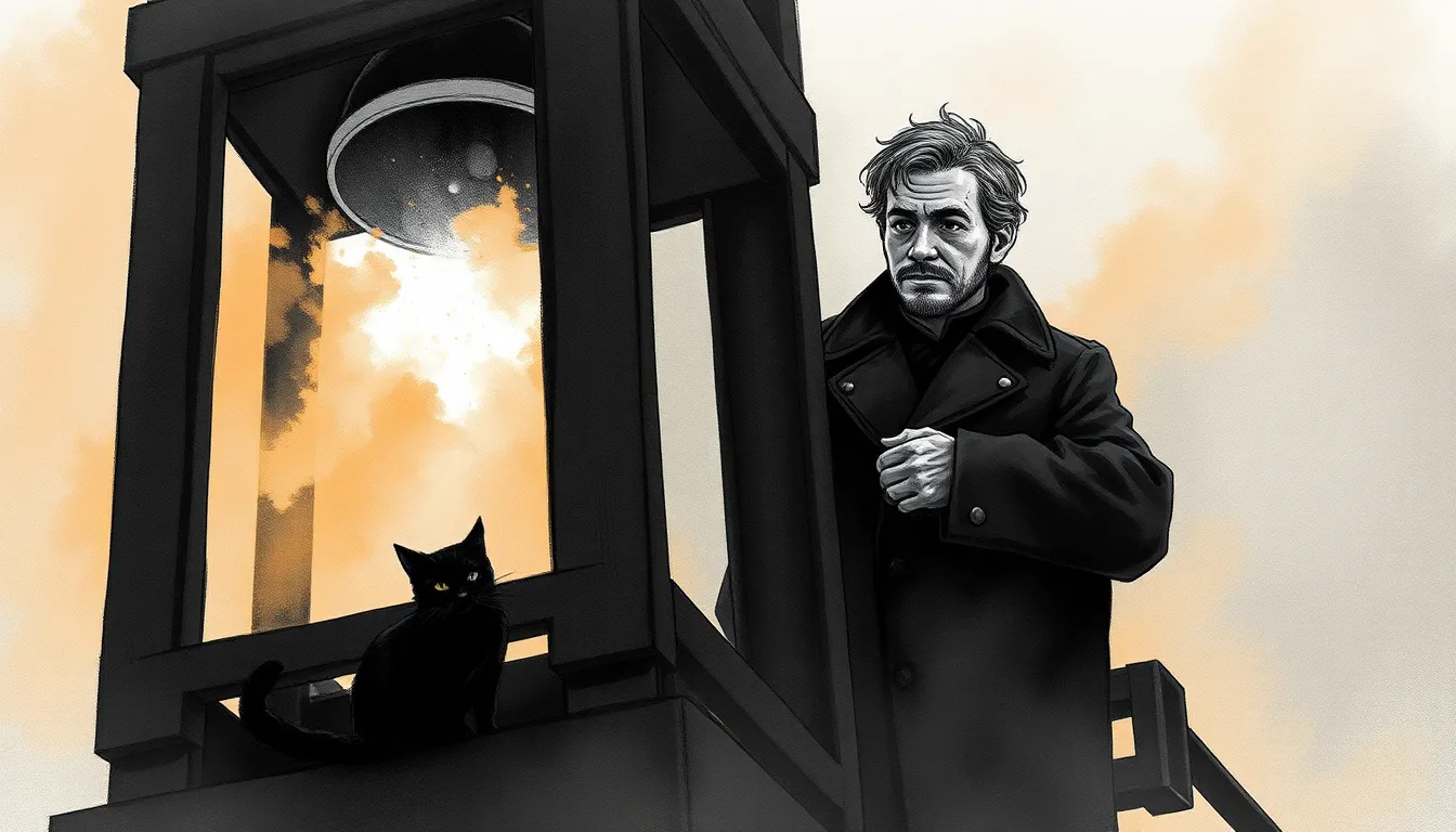 Illustration : activation du signal ancien dans la tour, lumière perçant la brume