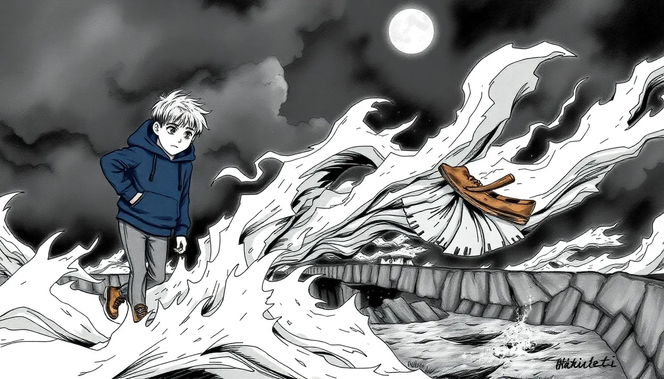 Illustration : une nuit de tempête où des enfants manipulent le vent pour soutenir un vieux pont
