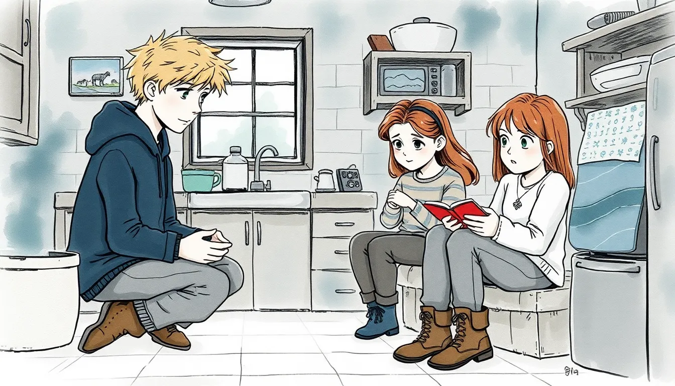 Illustration : cuisine chaleureuse où des enfants soignent leurs blessures après la tempête