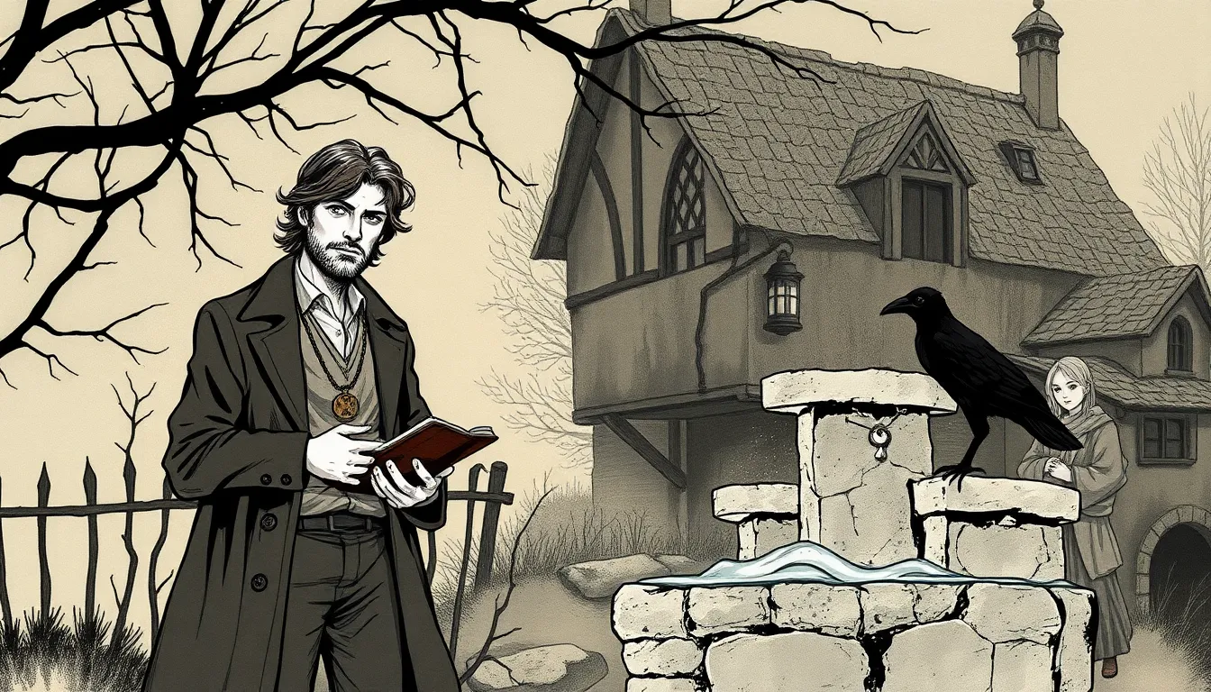 Illustration du village au crépuscule avec Jules Mercier près d'une fontaine en pierre