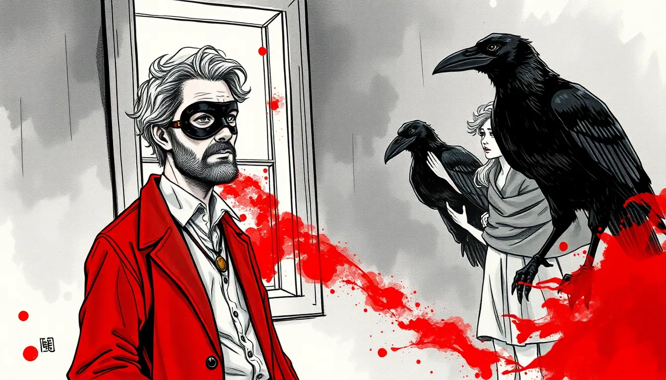 Illustration de Jules portant le masque pour la première fois, lumière cramoisie et souvenirs qui s'effacent