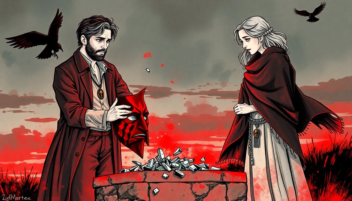 Illustration de Jules brisant le masque sur un autel de pierre au crépuscule
