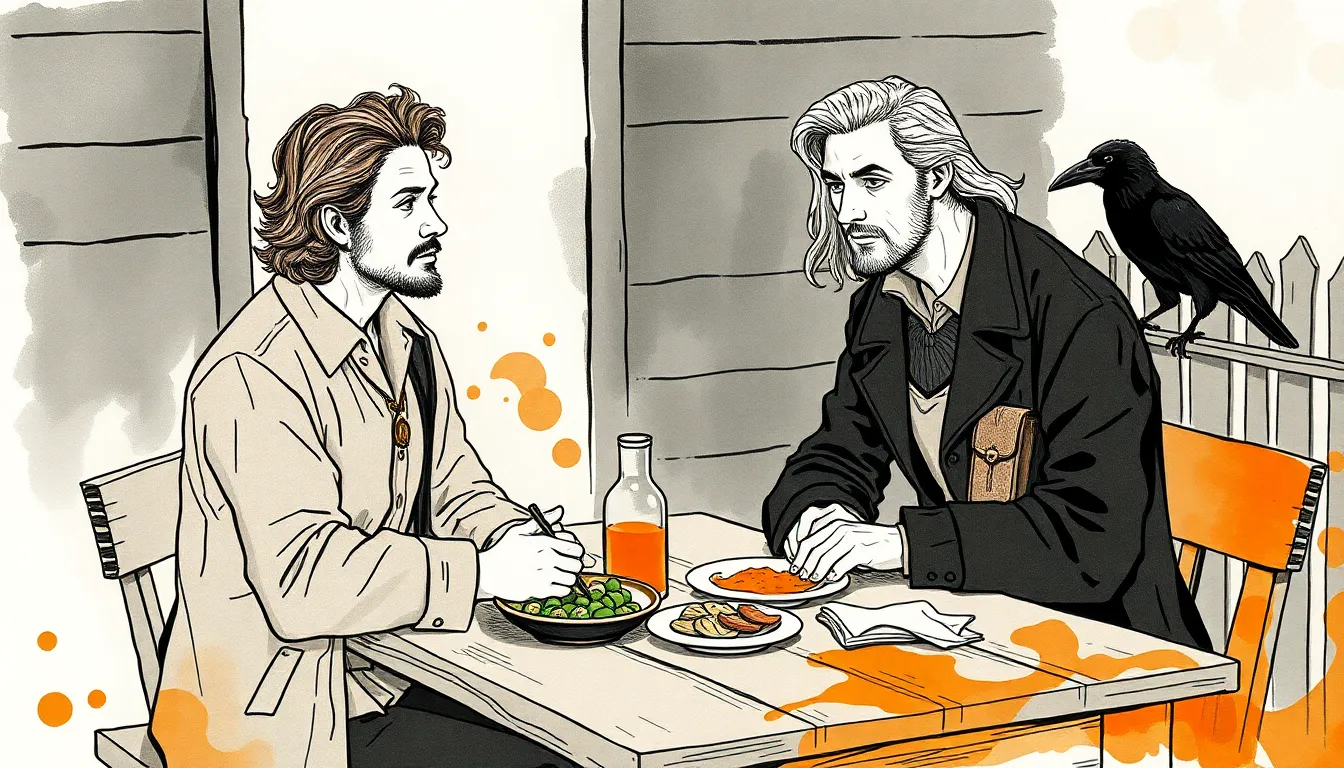 Illustration de Jules et Elena partageant un repas simple, scène de reconstruction quotidienne