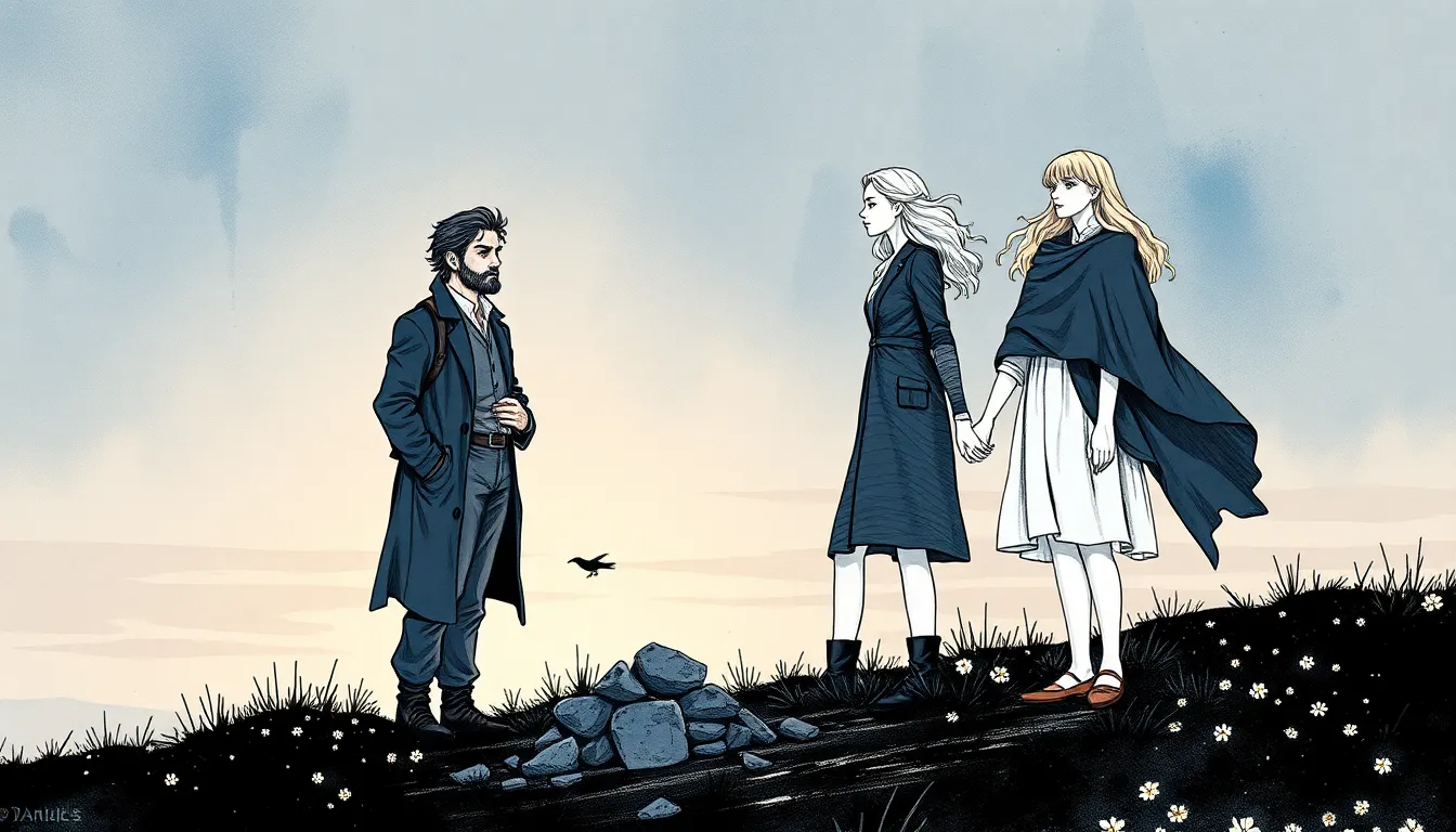 Illustration : Jules et Elena devant le cairn où reposent les fragments du masque