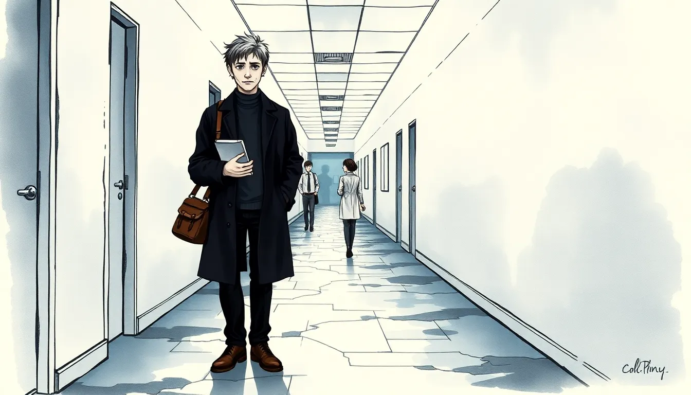 Illustration d'un long couloir d'hôpital abandonné avec Paul tenant une lampe et un dossier patient