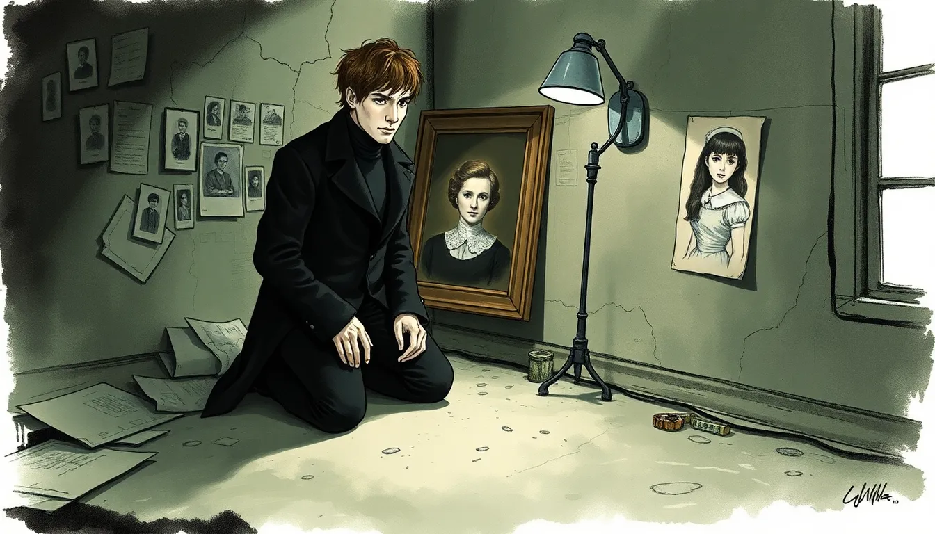 Illustration de l'aile sombre de l'hôpital, plans et photographies sur un mur fissuré