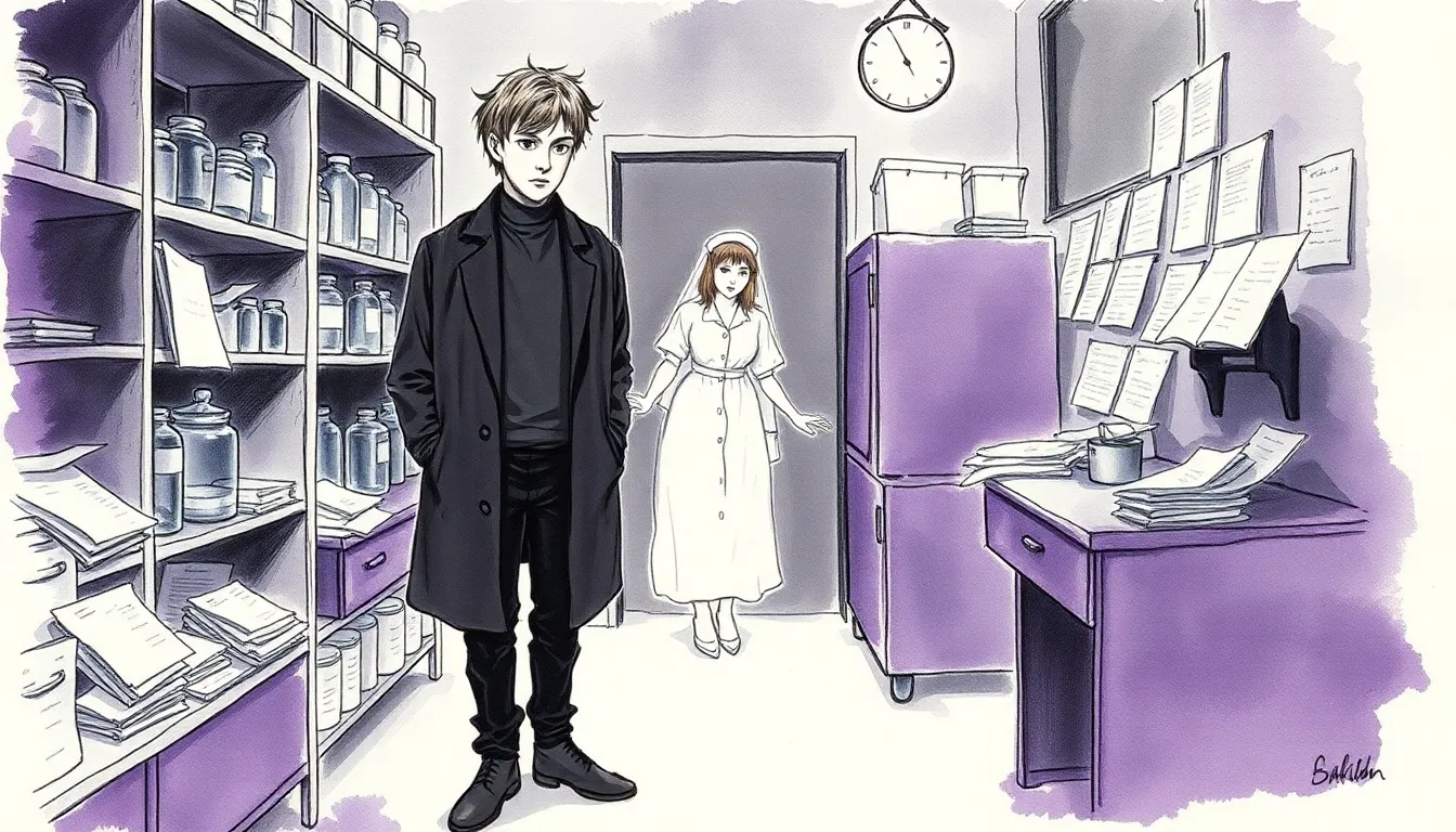 Illustration de la salle d'infirmiers où apparaît une silhouette féminine