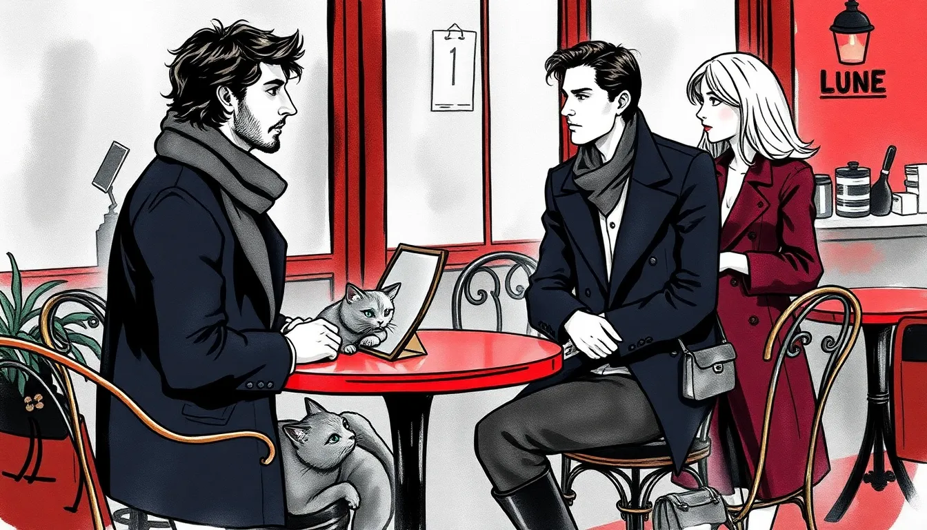 Illustration d'Antoine au café, le miroir posé sur la table, Claire en face, atmosphère de tension et de séduction