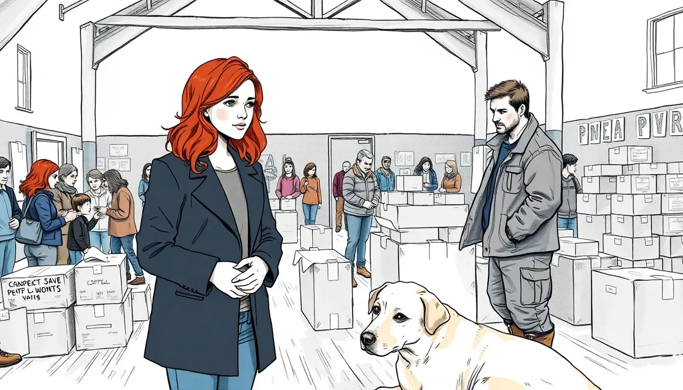 Illustration d'une salle municipale réaménagée en centre de secours, avec des bénévoles et des étagères de dons