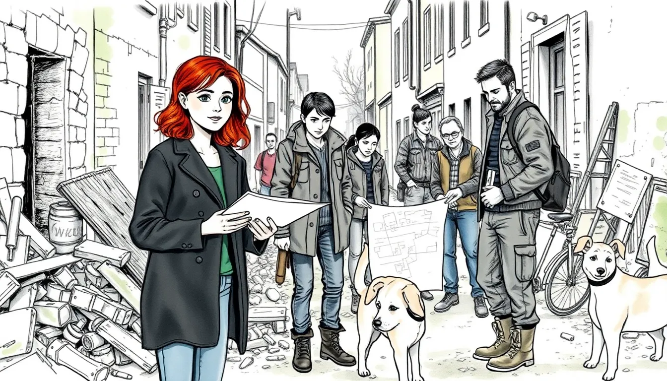Illustration du chapitre : habitants nettoyant une ruelle et esquissant des plans pour la reconstruction