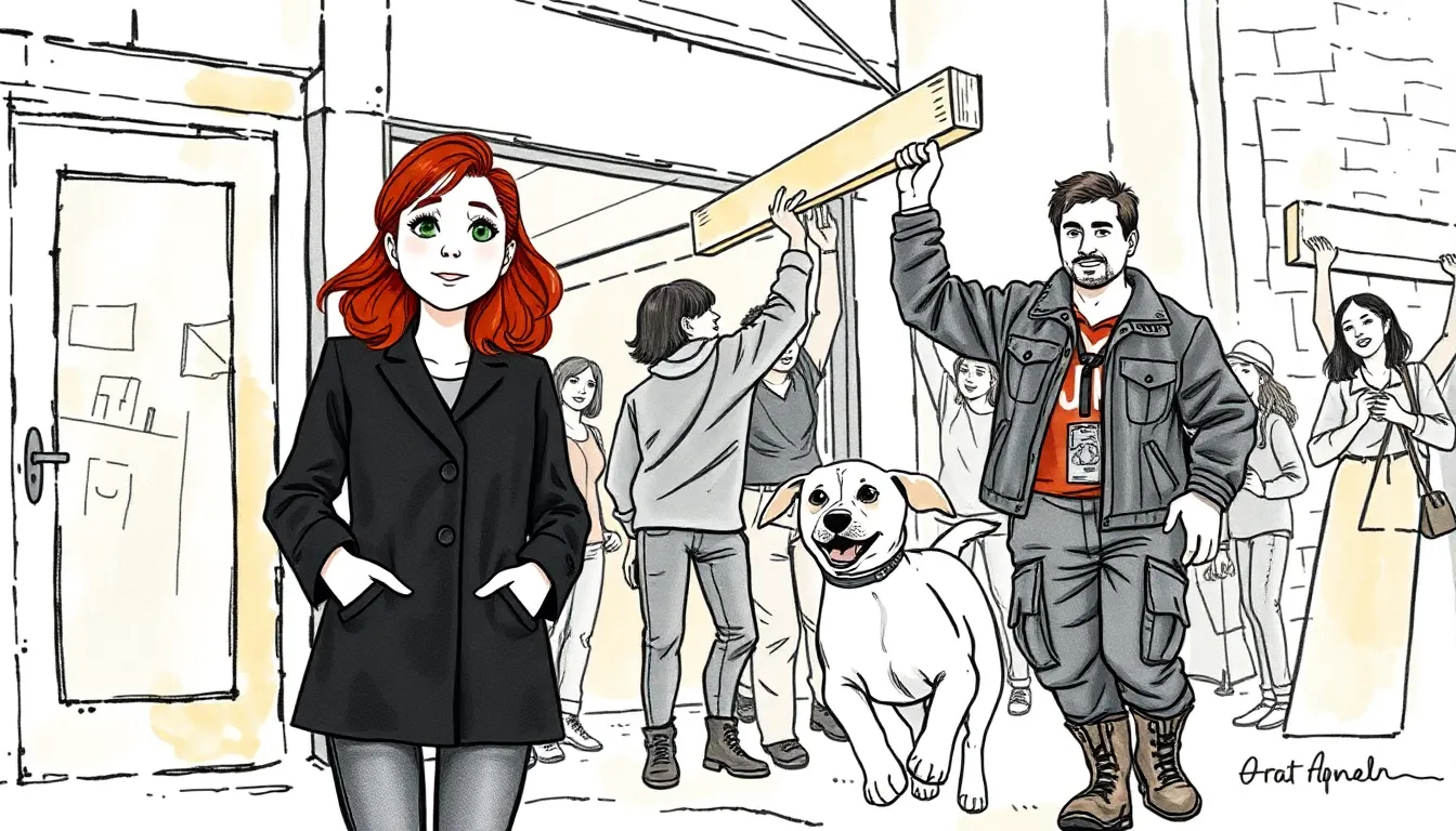 Illustration d'un chantier de reconstruction où des voisins célèbrent la réouverture d'une boutique