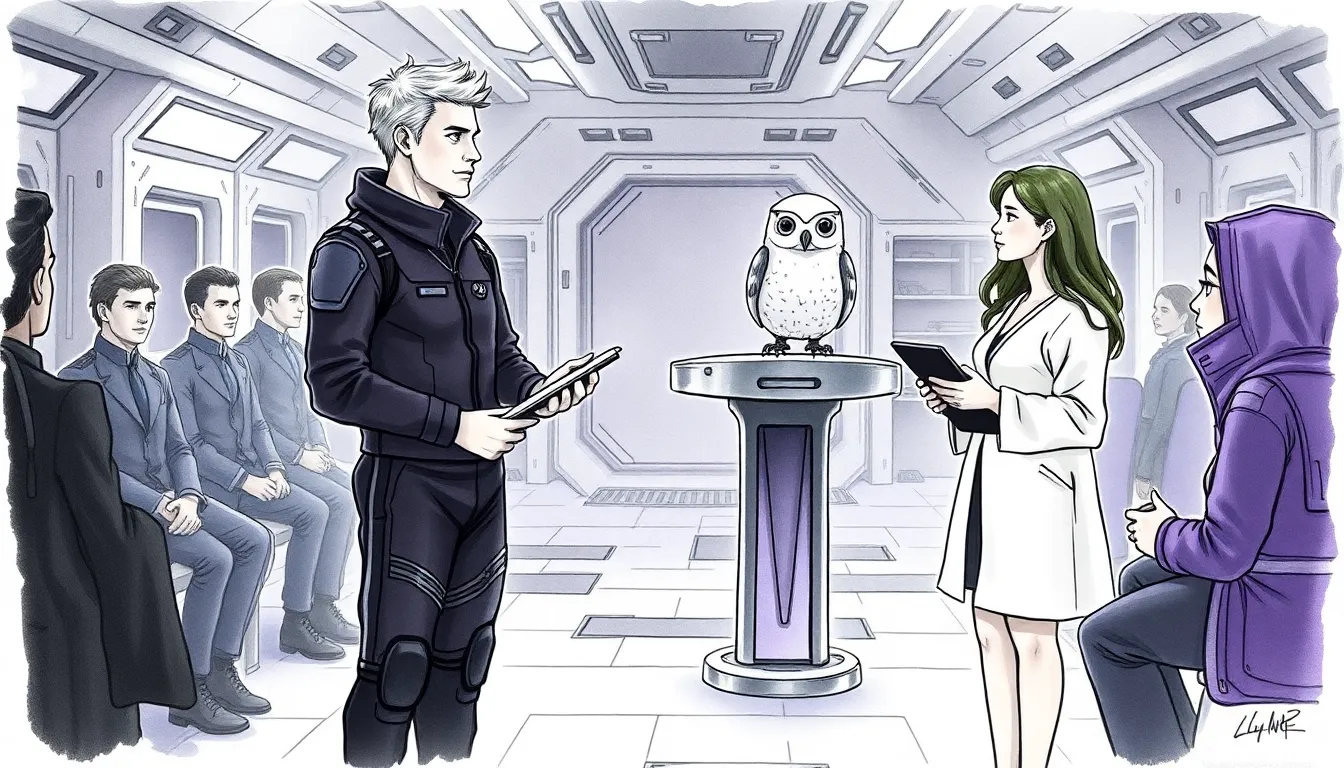 Adrian s'adressant à l'équipage, Lina à ses côtés, Orbe projetant des données holographiques