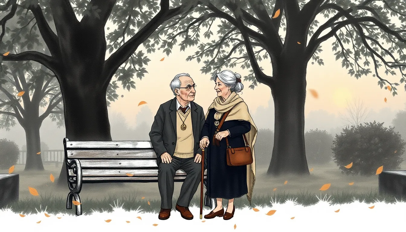 Illustration : un homme et une femme âgés se rencontrent au crépuscule, assis sur un banc sous un marronnier