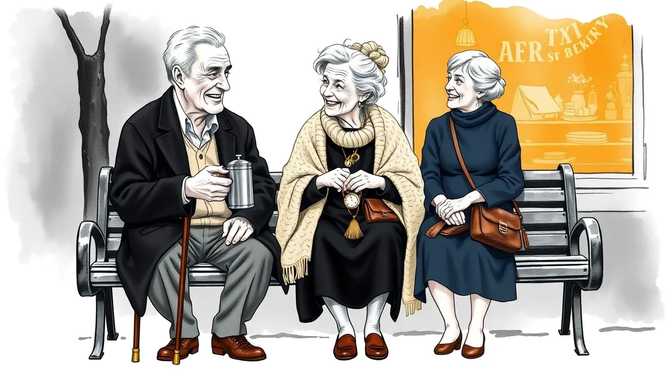 Jean-Marc et Claire partageant un thermos de thé sur un banc, une écharpe tricotée entre eux