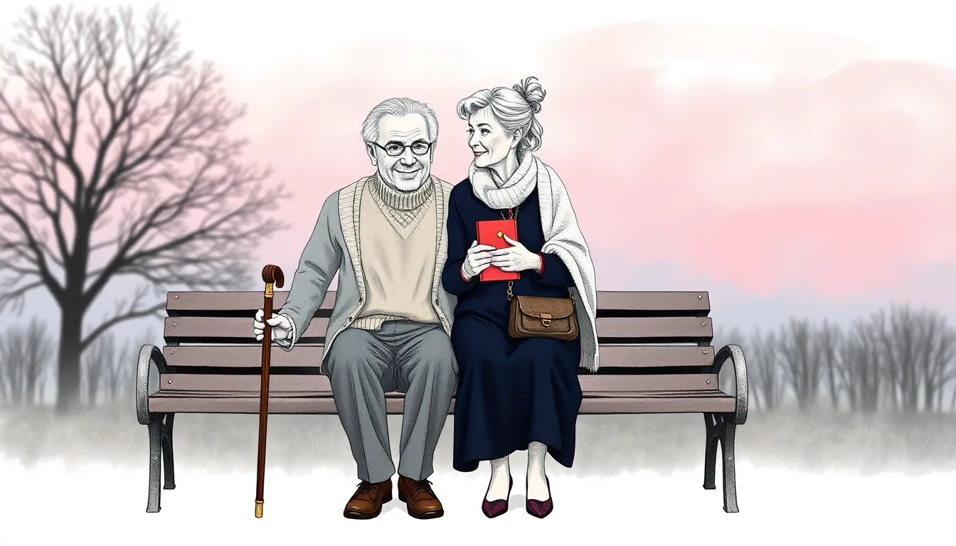 Illustration de Jean-Marc et Claire se retrouvant sur le banc à l'aube, un petit carnet partagé entre eux