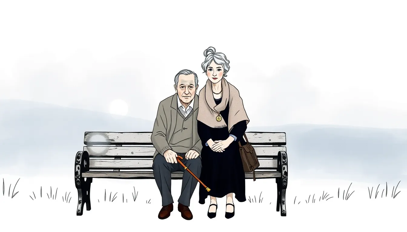 Jean-Marc et Claire assis sur le banc sous le marronnier, mains jointes, au coucher du soleil