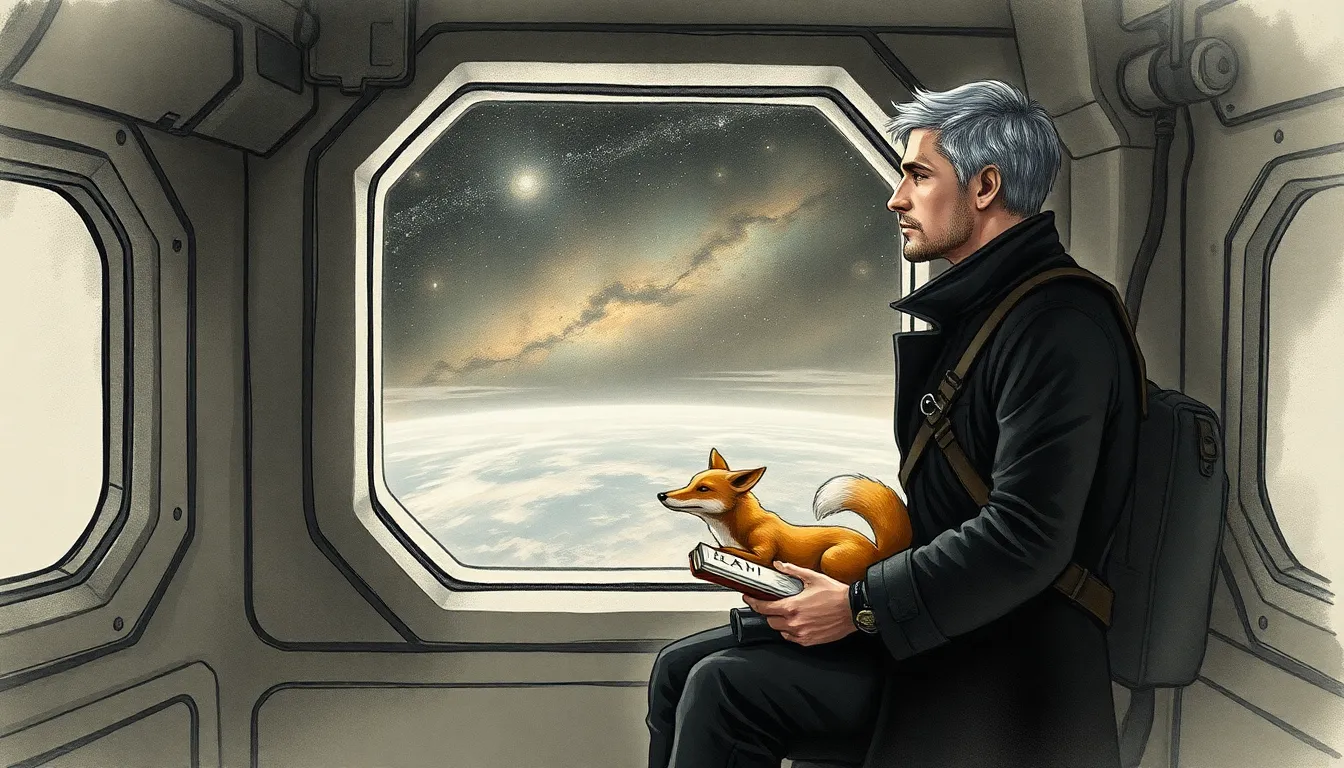 Elias contemplant une galaxie lointaine à travers une fenêtre du vaisseau, carnet fermé à ses côtés