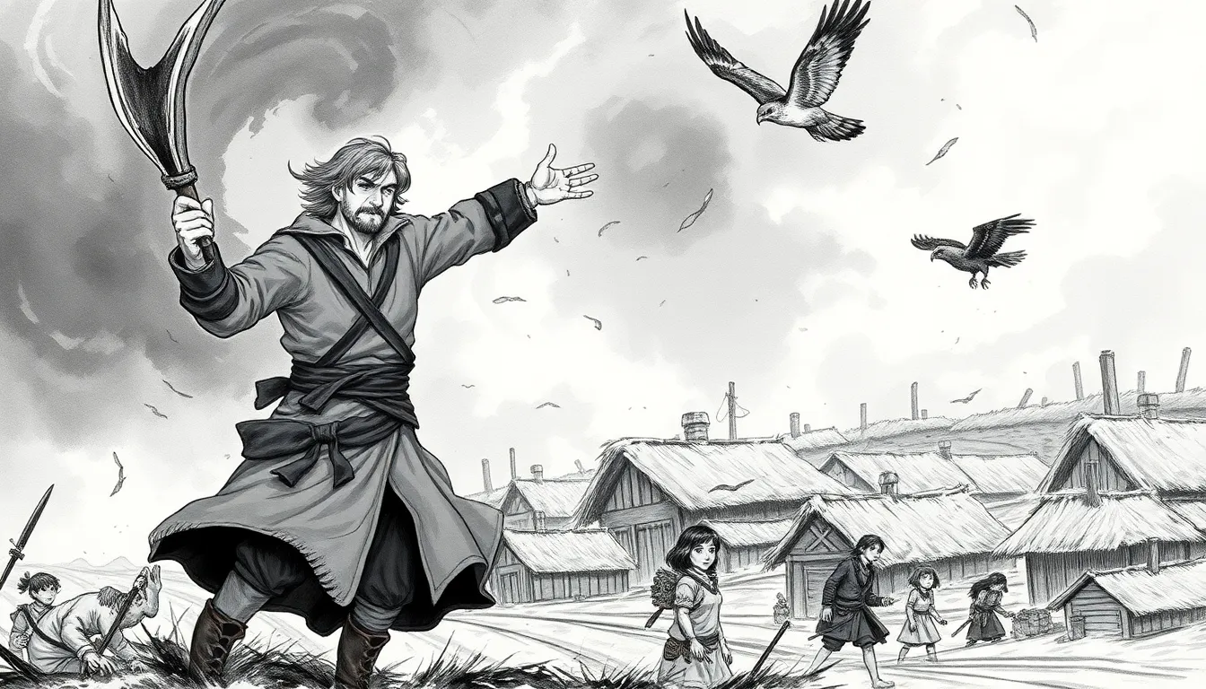 Illustration de la tempête menaçant le village