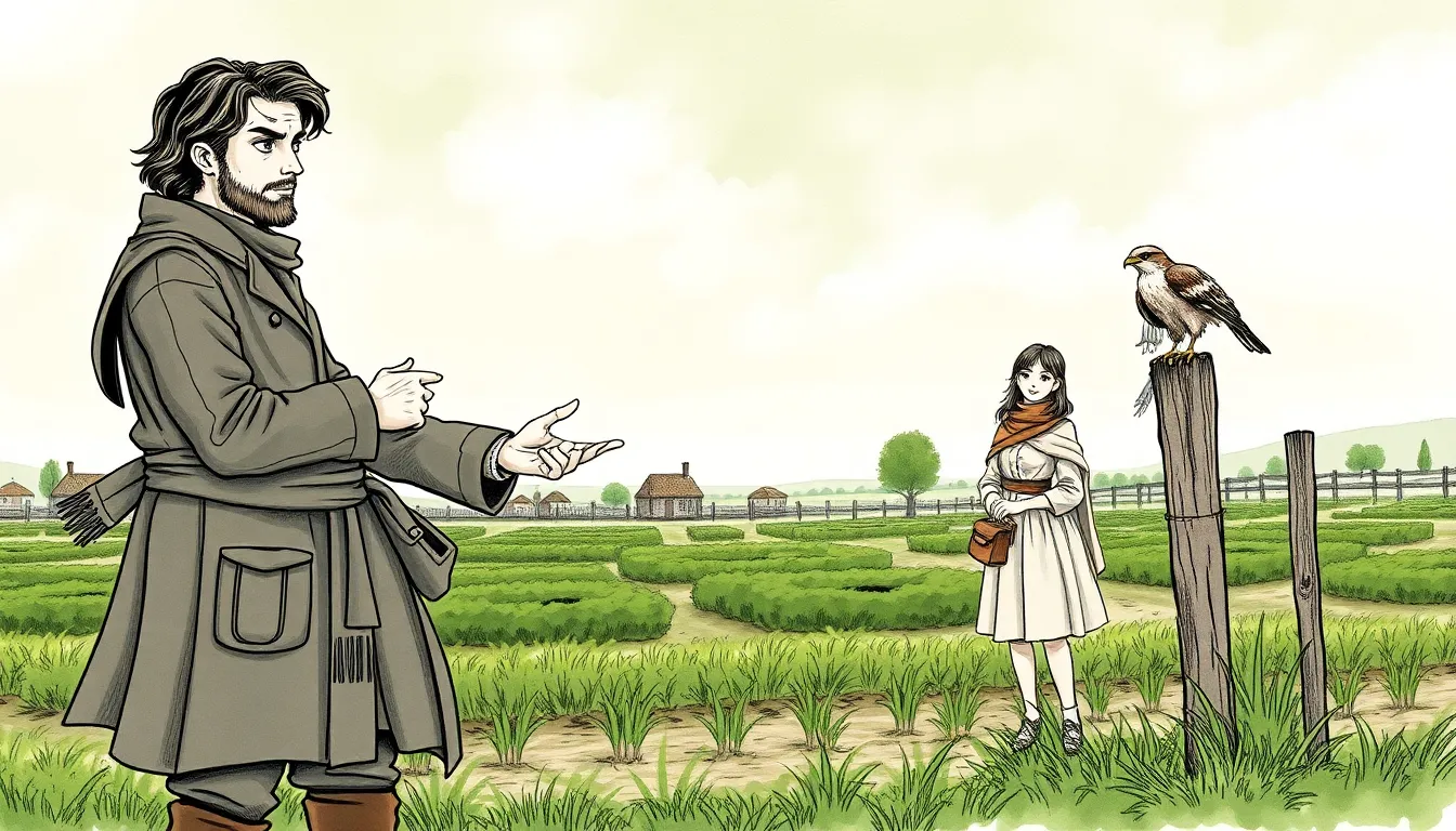 Villagers replanting fields under calmer skies, Aubin and Mireille supervisent la reprise des champs