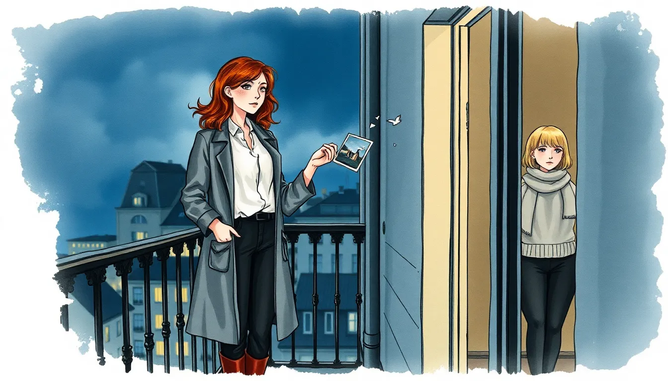 Elise Moreau sur le balcon, une photographie déchirée flottant de sa main