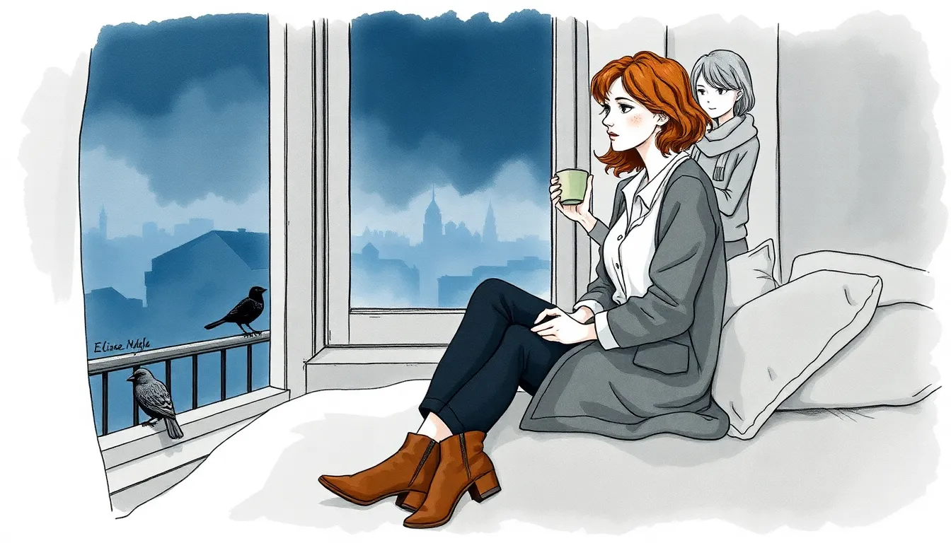 Illustration d'Elise près de la fenêtre avec un oiseau blessé