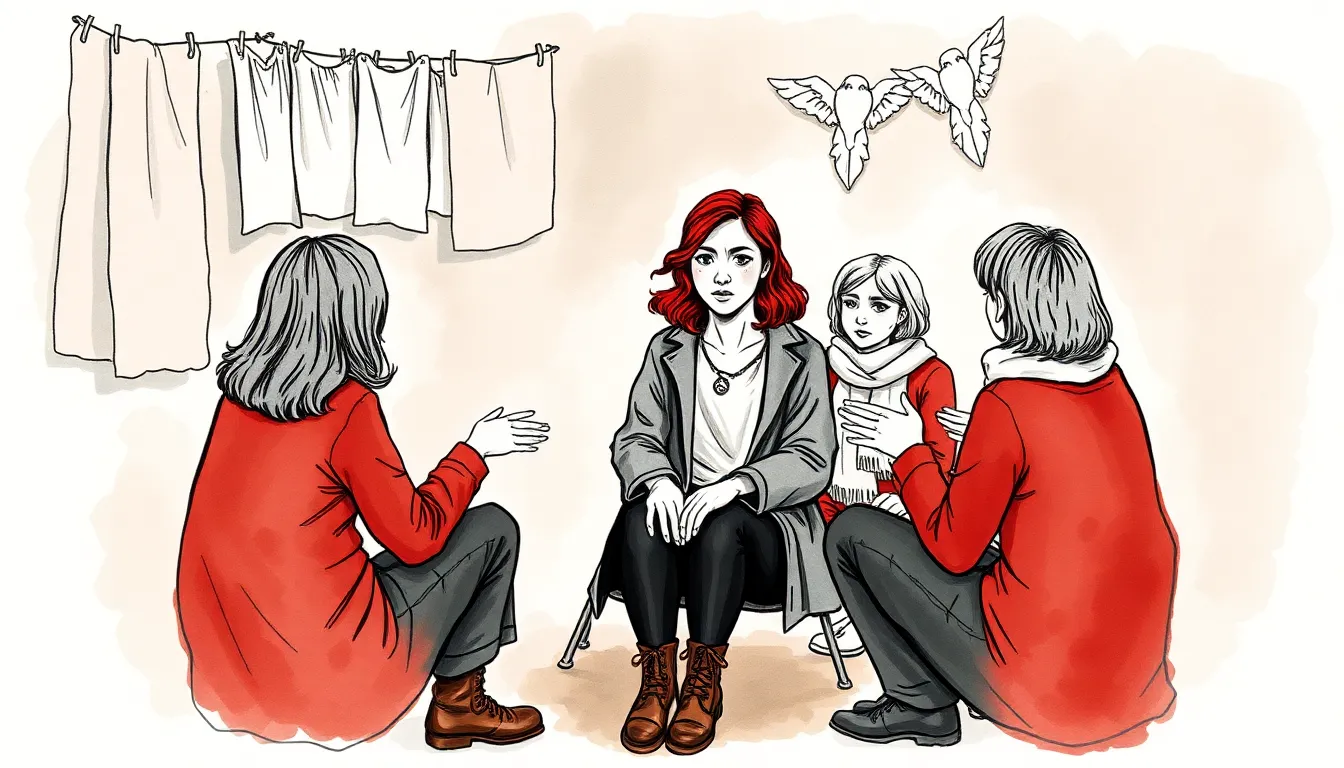 Illustration d'un cercle thérapeutique chaleureux, Elise partageant un mot fragile tandis que des mains se tendent en silence