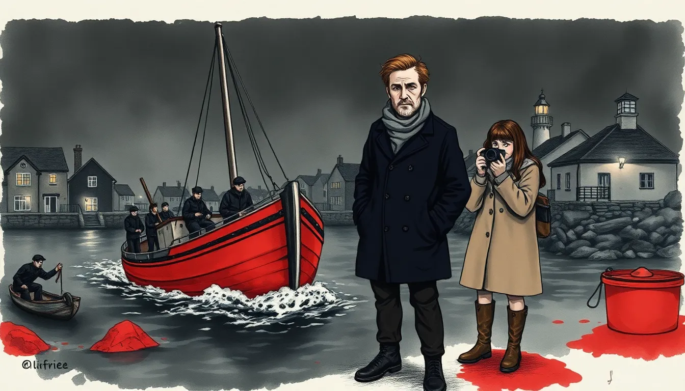 Illustration d'un petit port la nuit, un bateau dérivant sous l'emprise d'une mélodie lointaine
