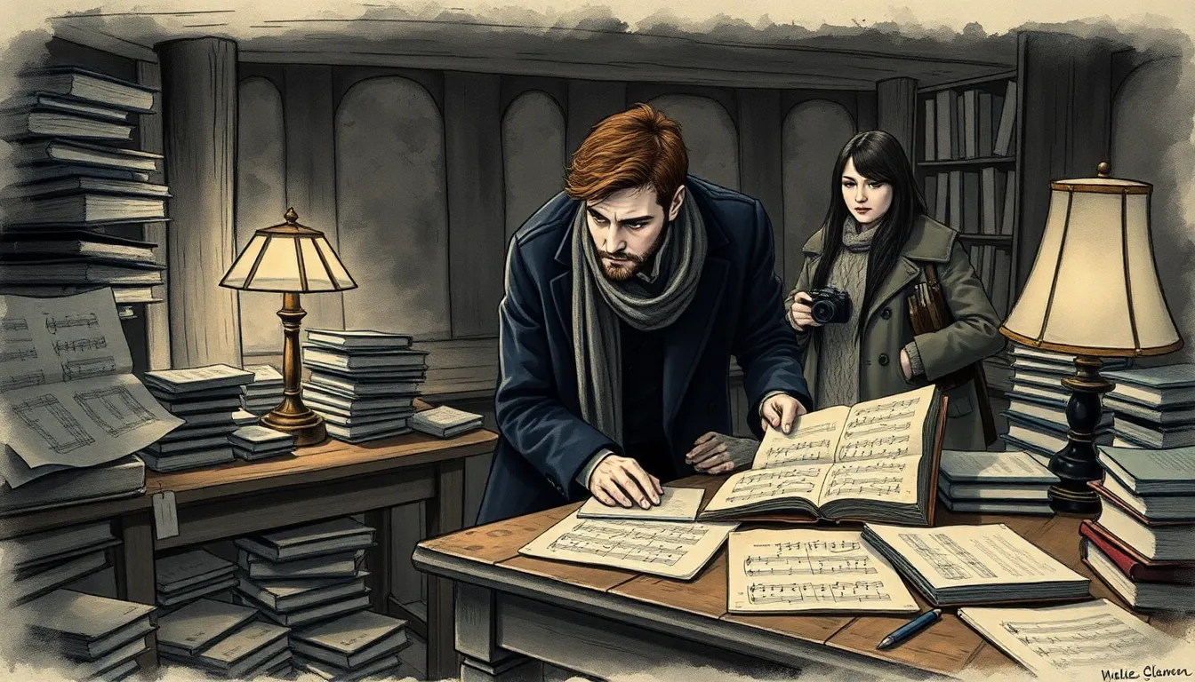 Archives du port, table couverte de partitions et de carnets, une lampe éclaire Julien et Claire