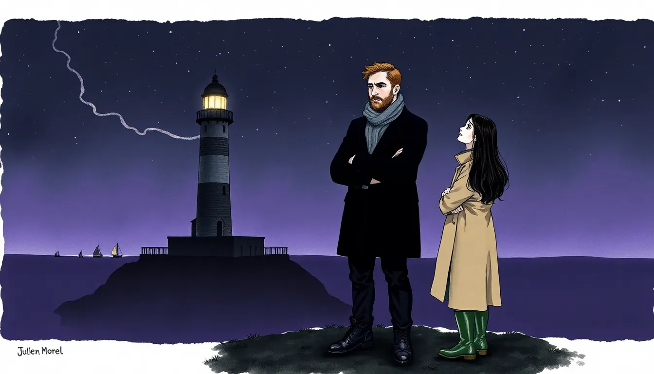 Le phare la nuit, silhouette contre un ciel étoilé, une traînée de musique s'évaporant vers l'horizon