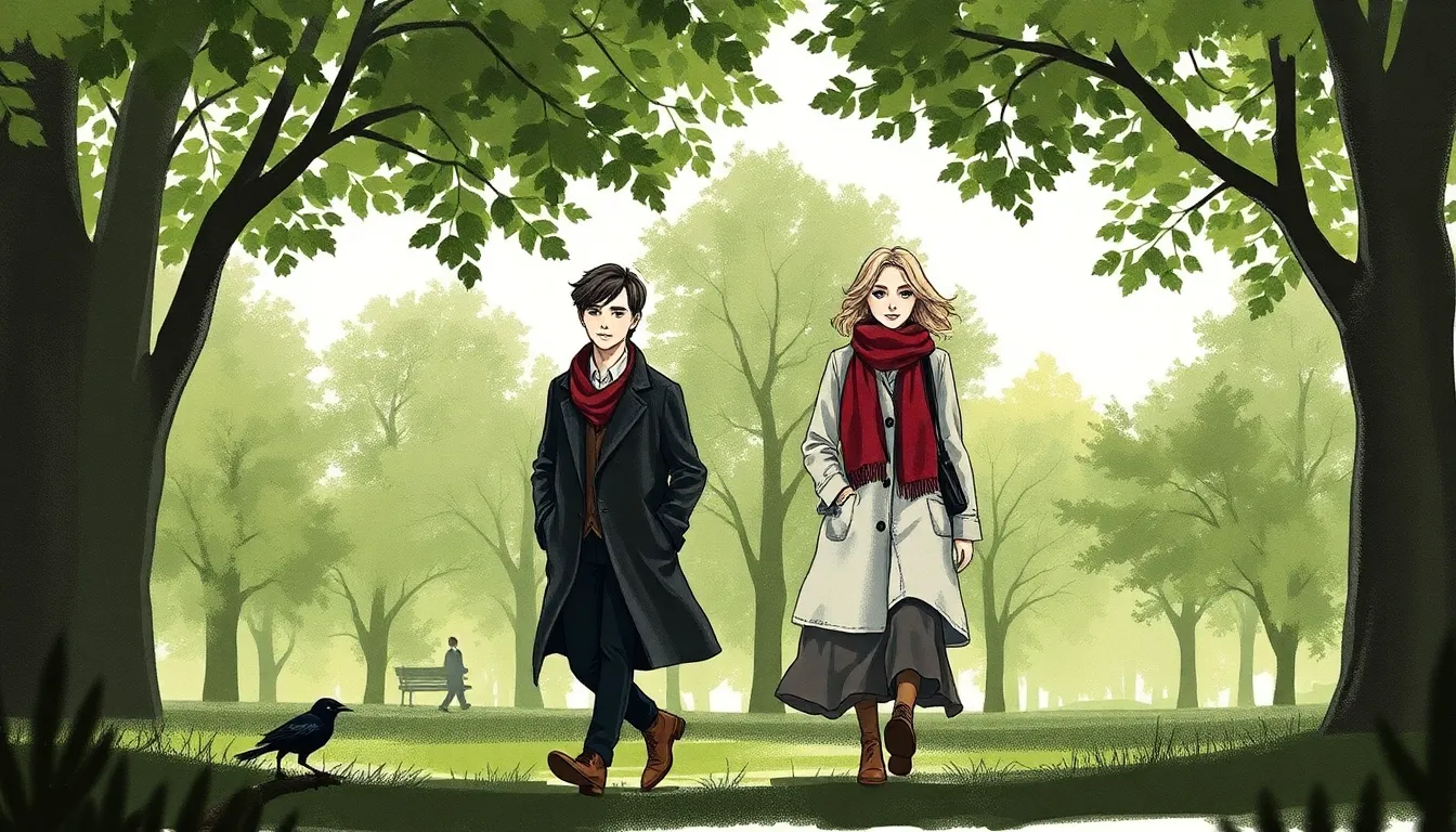 Illustration de Gabriel et Elise marchant dans un parc au midi, lumière tamisée entre les feuilles