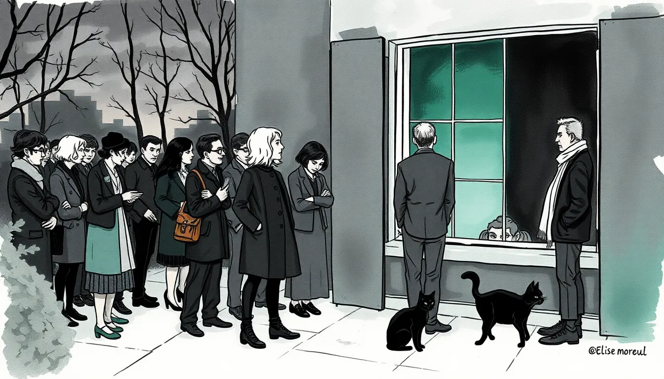 Illustration : une petite foule au crépuscule observe la maison d'Élise, le miroir brillant par la fenêtre