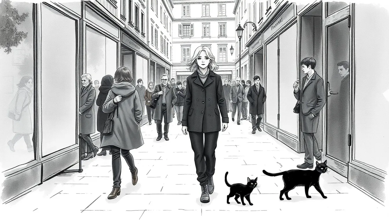 Elise marchant sans reflet dans une place publique, regards autour d'elle