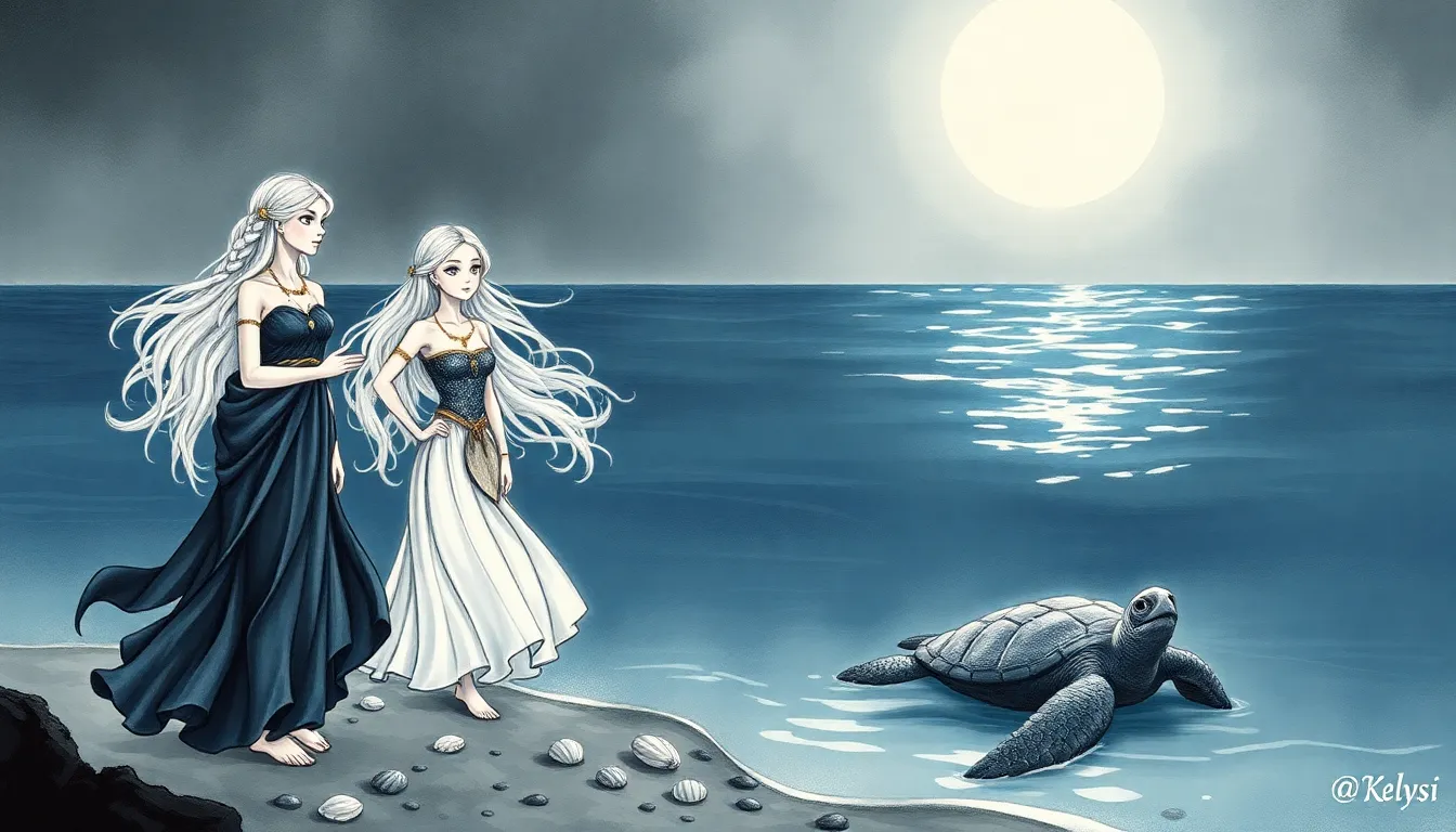 Illustration au clair de lune : sirènes et gardiens humains au seuil de la mer partageant un chant d'adieu et d'engagement