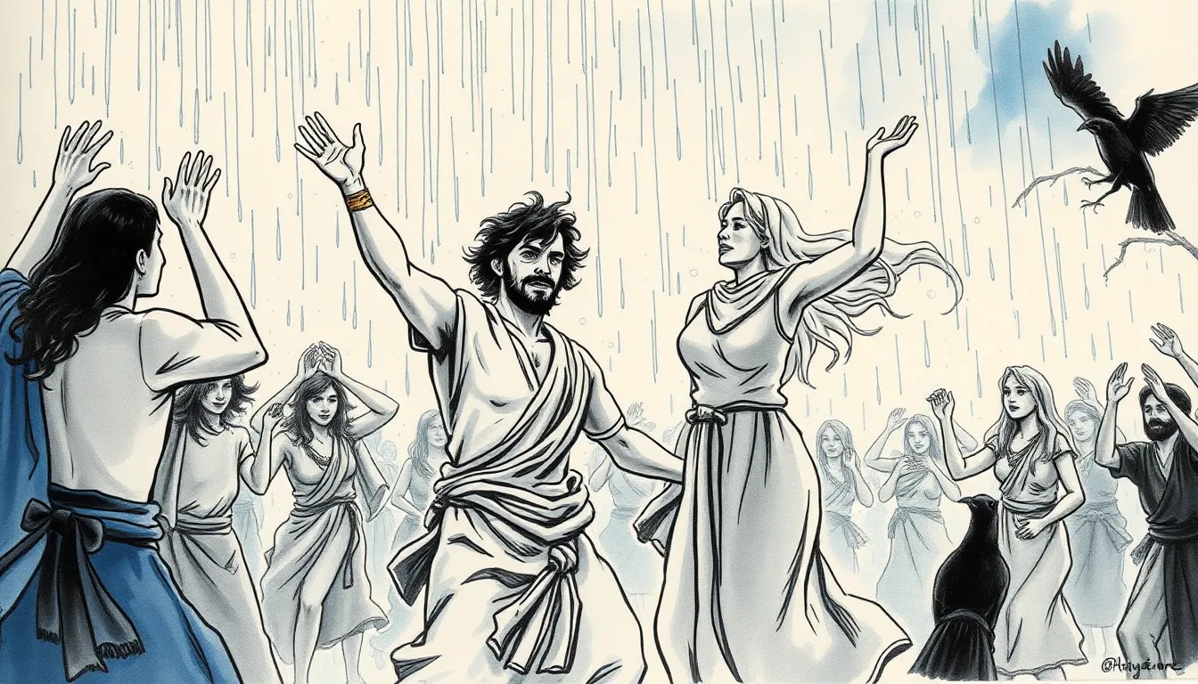 Illustration de l'arrivée de la pluie sur la communauté en danse