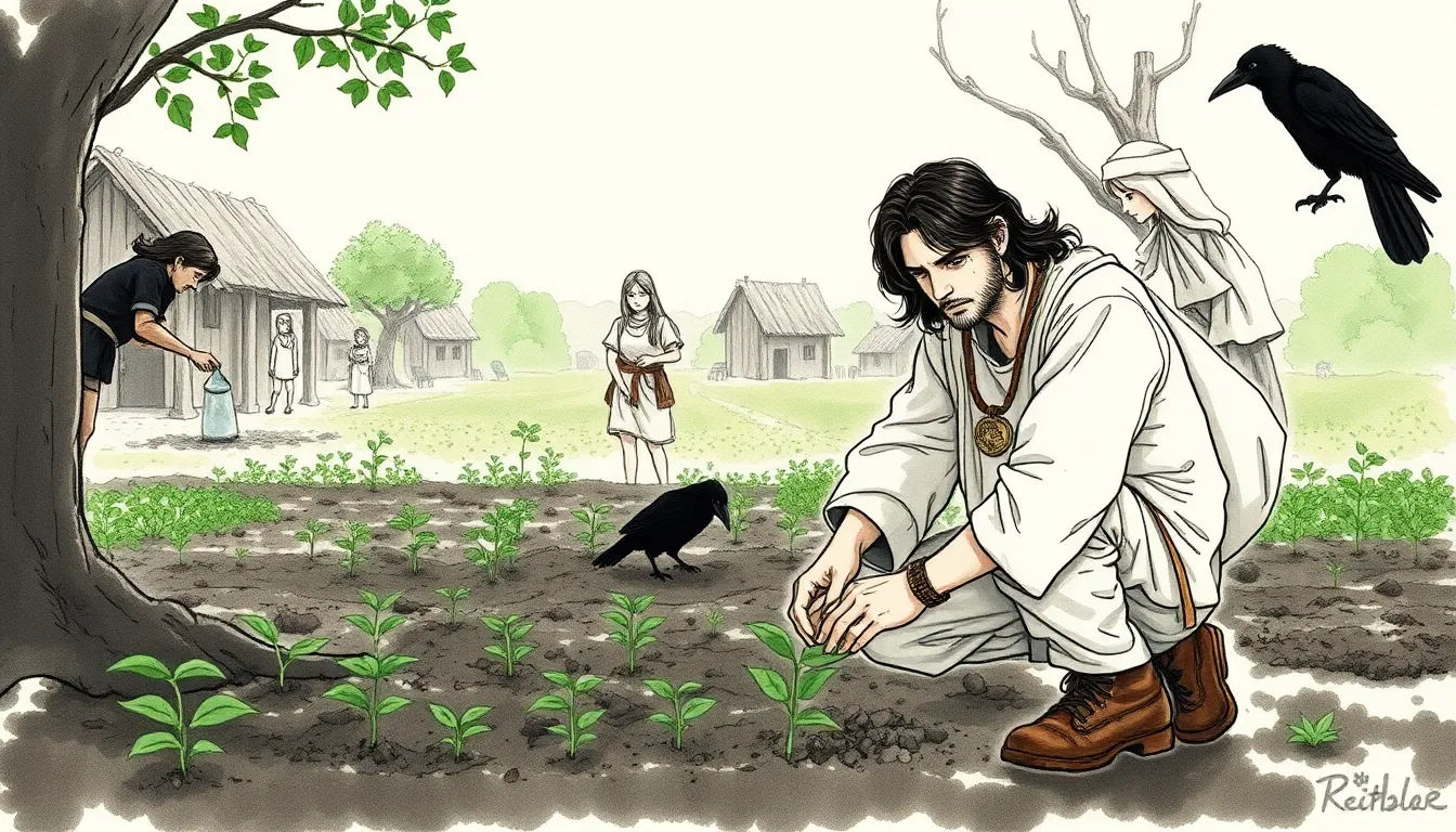 Illustration du village après la pluie, pousses vertes, habitants plantant des arbres