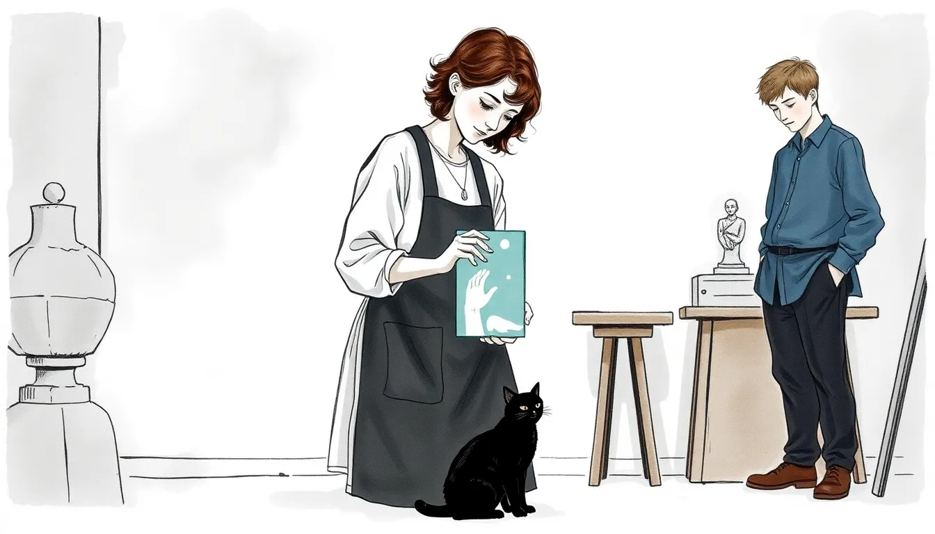 Illustration de Claire Moreau touchant un bloc de verre dans son atelier