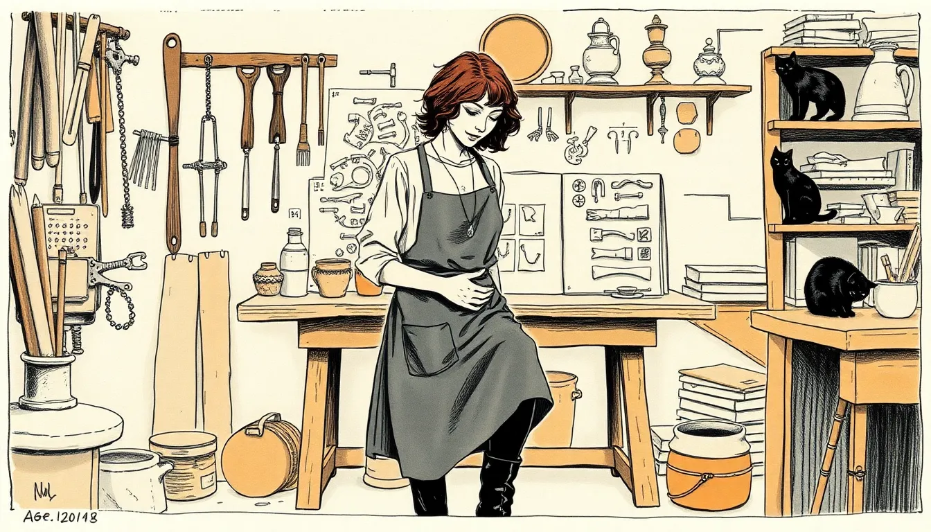 Illustration de l'atelier de Claire, mains explorant des plaques tactiles et fragments de visages