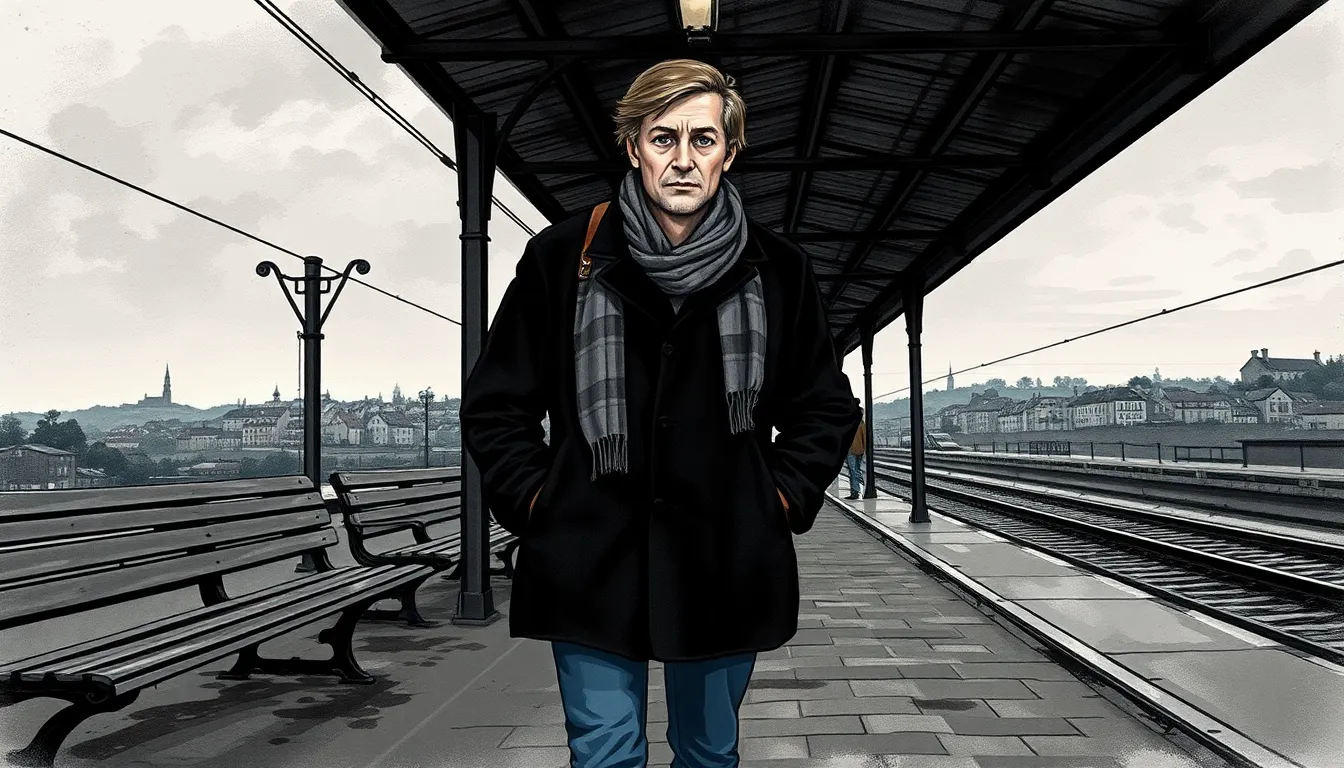 Gabriel Marchand sur le quai de la gare, ciel bas et pavés mouillés