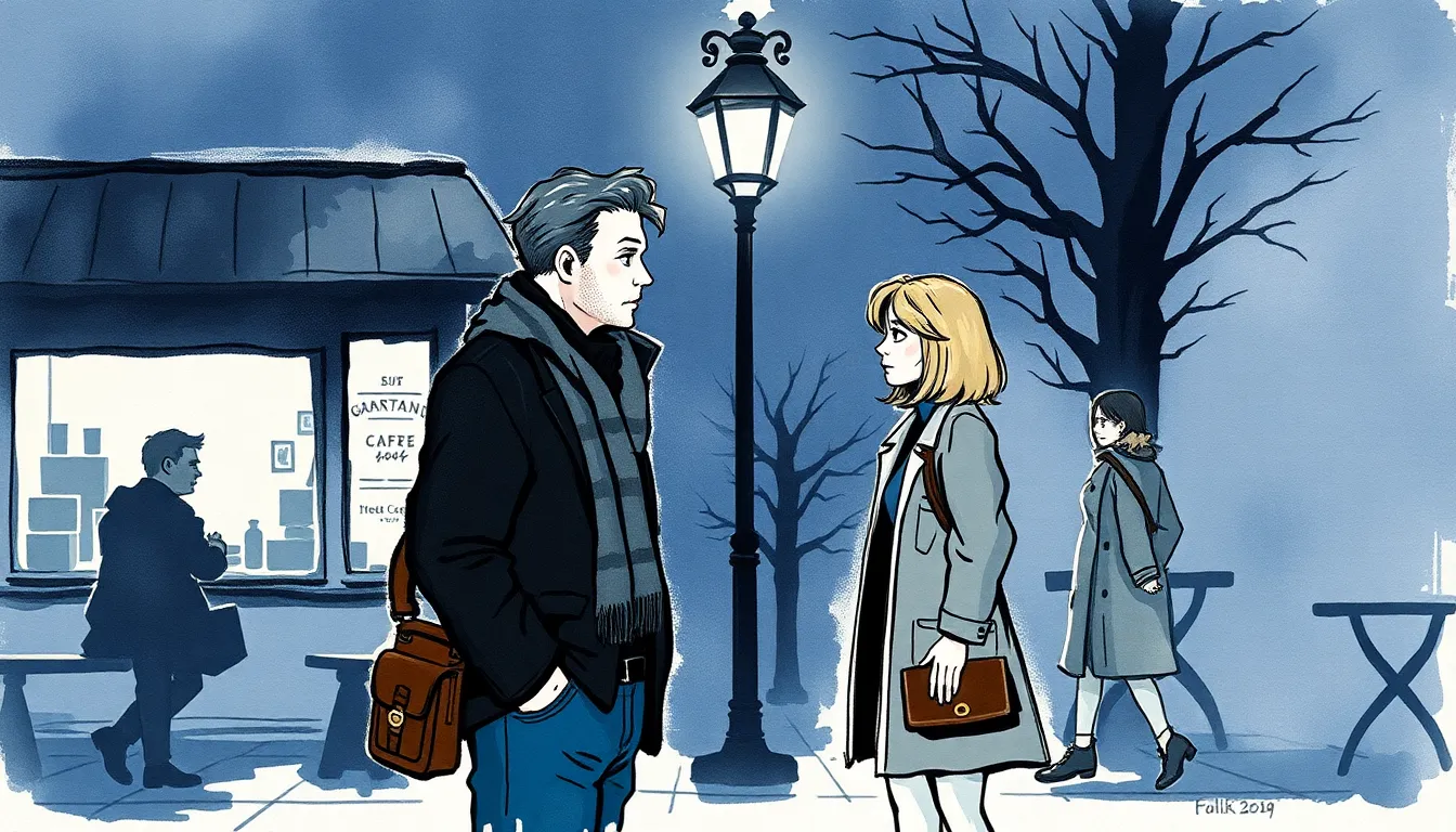 Gabriel et Claire se retrouvent devant le café de leur enfance, au crépuscule