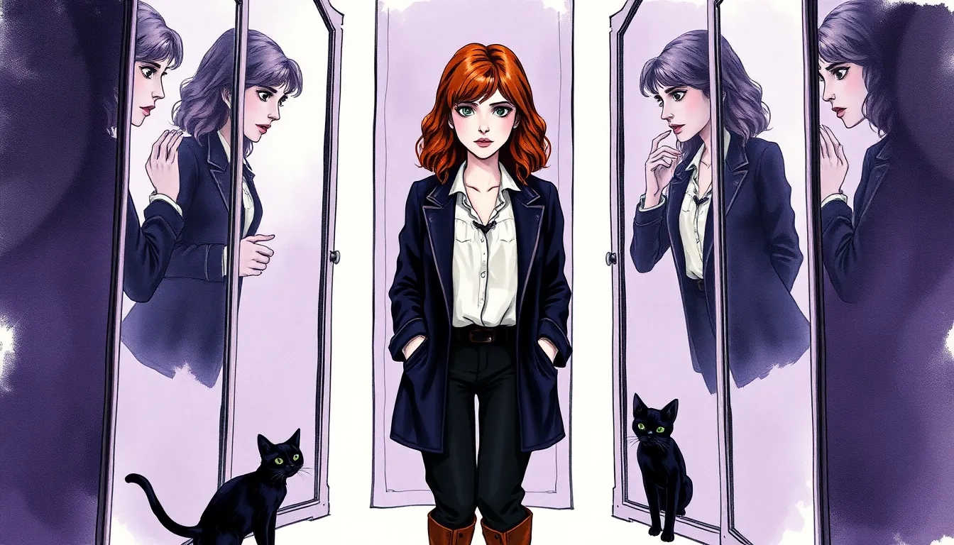 Illustration de Sophie entourée de miroirs dont les reflets semblent chuchoter