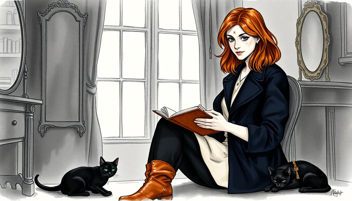 Illustration de Sophie écrivant dans le carnet, miroirs aux reflets apaisés