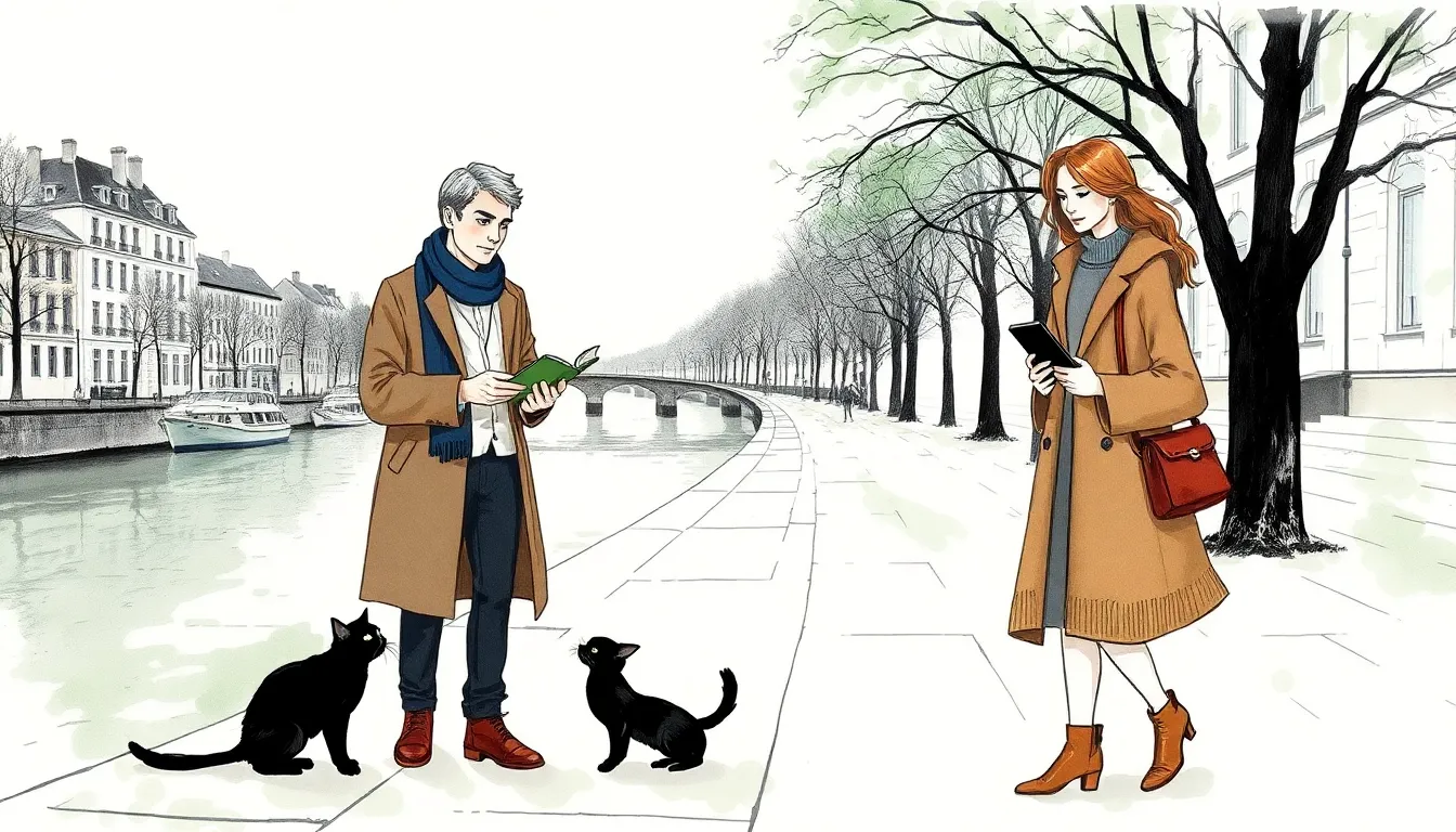 La Mélodie du Silence : Une mélodie silencieuse touchant les cœurs 4 Promenade le long d'un canal où deux personnes partagent des gestes et des fragments de carnet