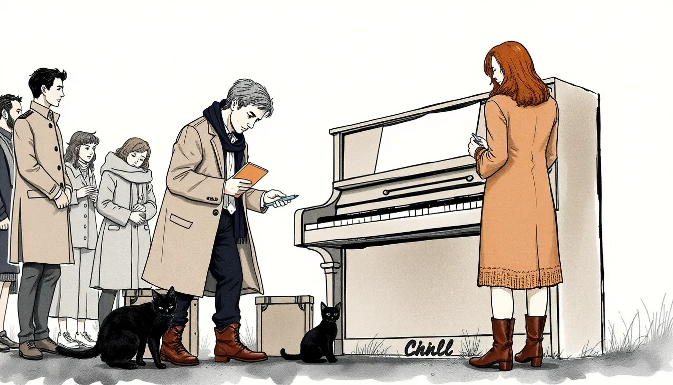 La Mélodie du Silence : Une mélodie silencieuse touchant les cœurs 7 Réparation collective d'un piano communautaire sous un ciel bas