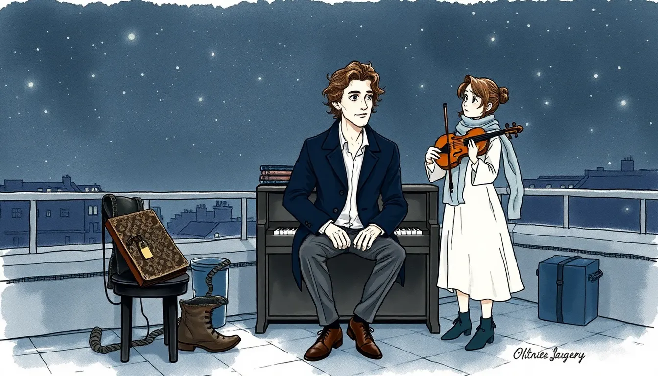 La Mélodie des Cieux : Une romance entre musiciens inspirée par les étoiles 1 Gabriel et Isabelle se rencontrent sur la terrasse, sous un ciel étoilé, entre piano et violon