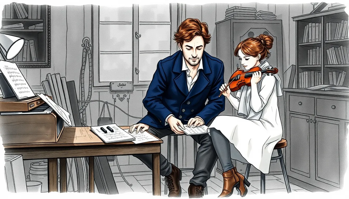 La Mélodie des Cieux : Une romance entre musiciens inspirée par les étoiles 2 Illustration d'un atelier nocturne où deux musiciens composent sous une lumière tamisée