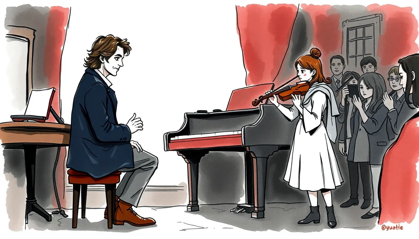 La Mélodie des Cieux : Une romance entre musiciens inspirée par les étoiles 4 Illustration d'un petit café-concert sous des étoiles artificielles, performance musicale interrompue par la tension