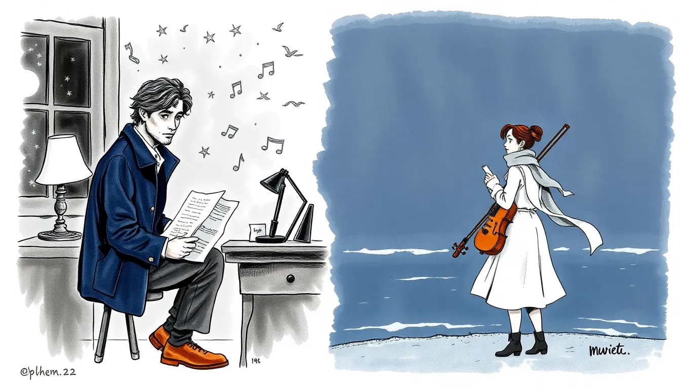 La Mélodie des Cieux : Une romance entre musiciens inspirée par les étoiles 5 Illustration de la solitude créative de Gabriel et Isabelle, nuit étoilée et côte ventée