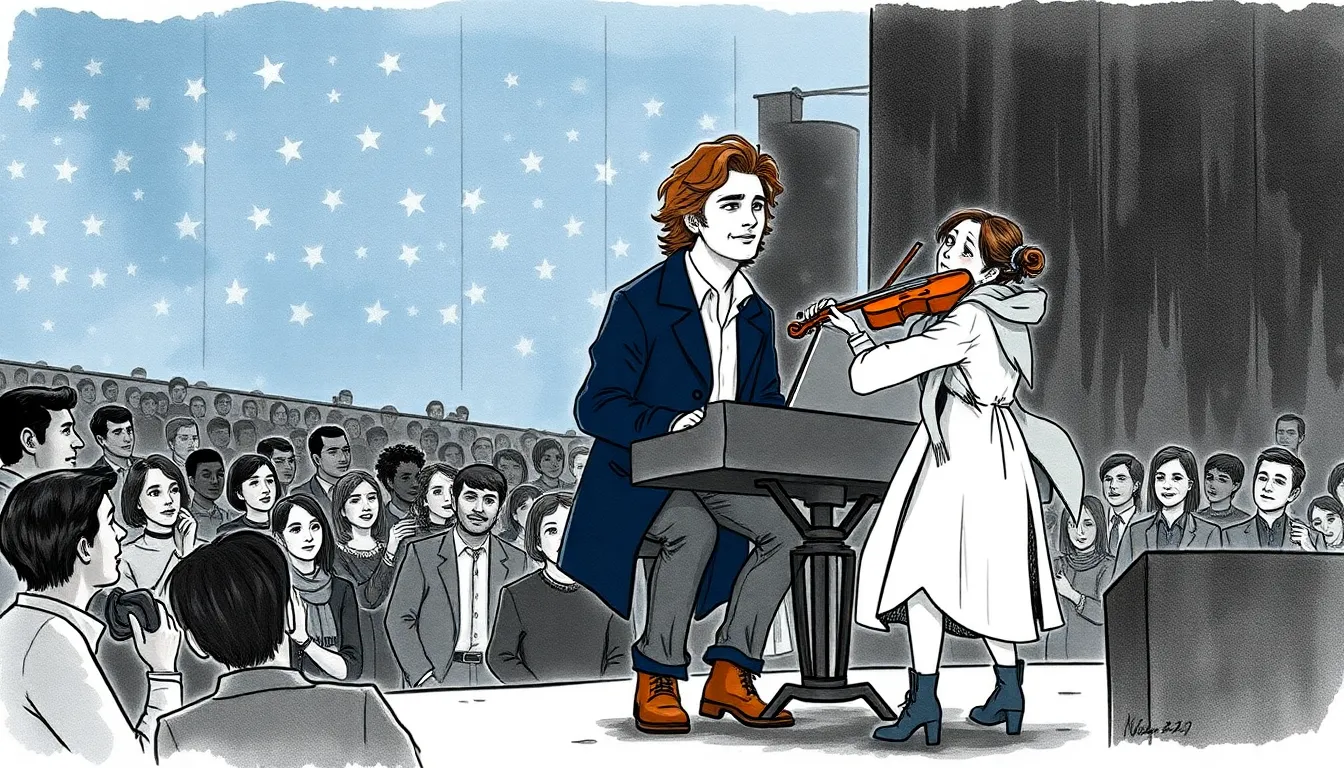 La Mélodie des Cieux : Une romance entre musiciens inspirée par les étoiles 7 Illustration de la première sous les étoiles : deux musiciens jouent devant un public émerveillé
